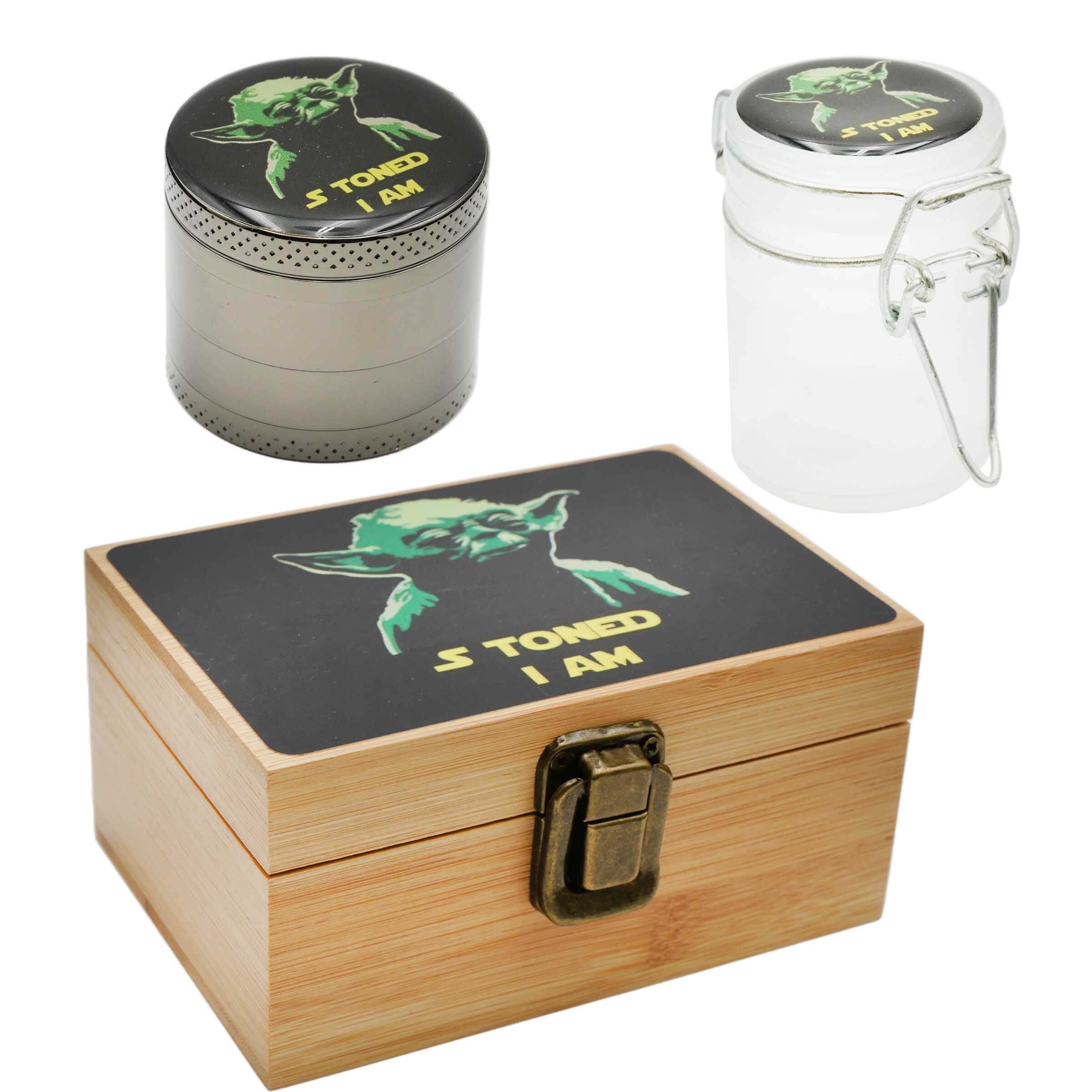 Bamboo Box with 40mm 4 Part Grinder And Jar Set (BSP) | Small | Assorted Designs product image